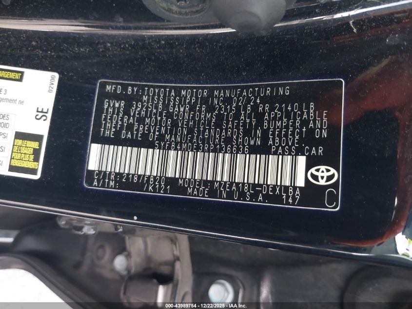 2024 Toyota Corolla Le VIN: 5YFB4MDE3RP136636 Lot: 43989754