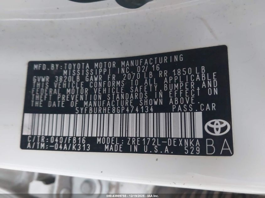 2016 Toyota Corolla Le VIN: 5YFBURHE8GP474134 Lot: 43989755