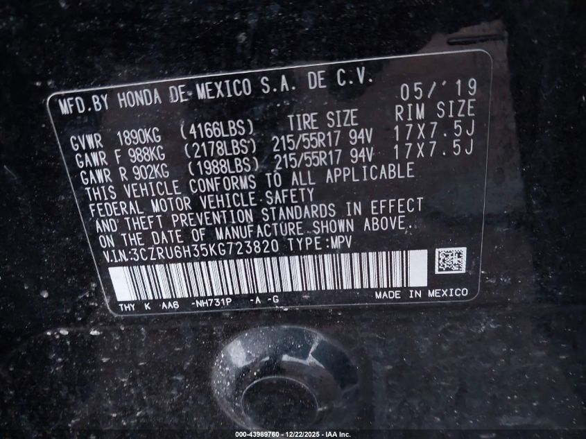 2019 Honda Hr-V Lx VIN: 3CZRU6H35KG723820 Lot: 43989760