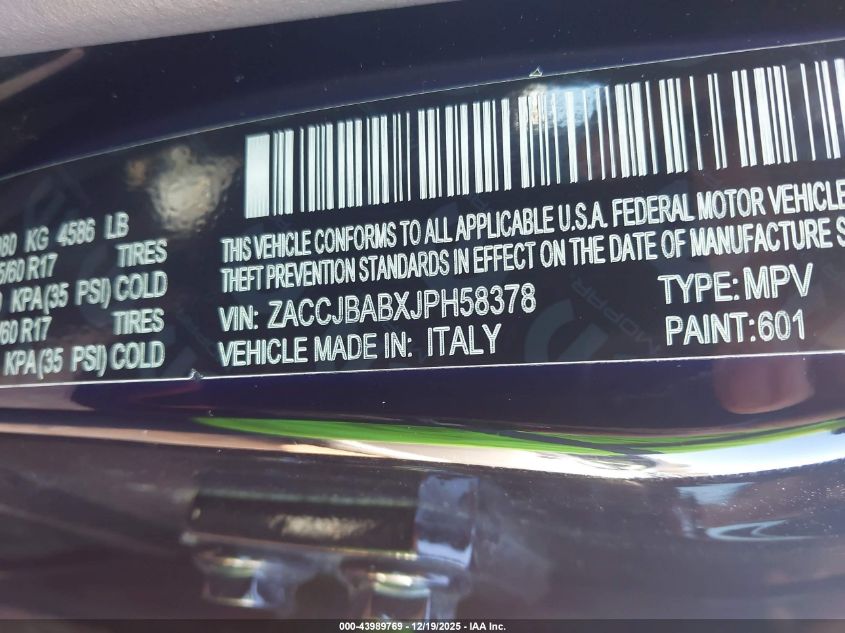 2018 Jeep Renegade Upland Edition 4X4 VIN: ZACCJBABXJPH58378 Lot: 43989769