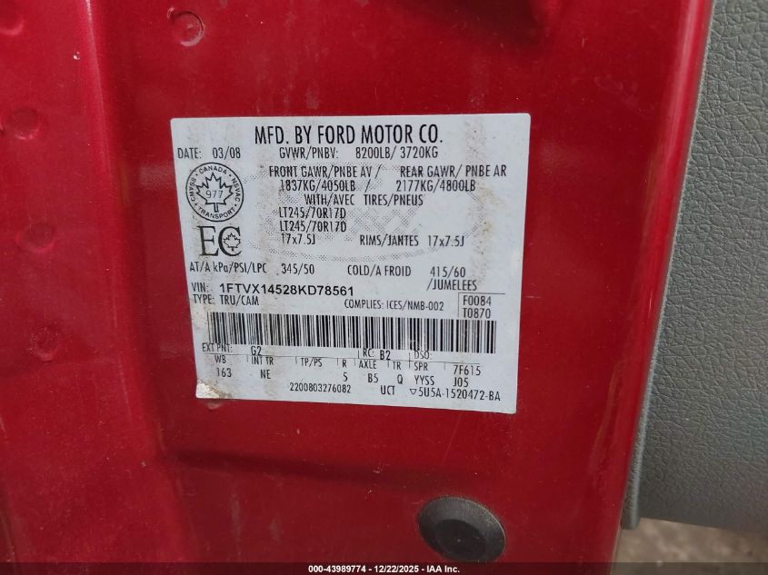 2008 Ford F-150 Xl/Xlt VIN: 1FTVX14528KD78561 Lot: 43989774