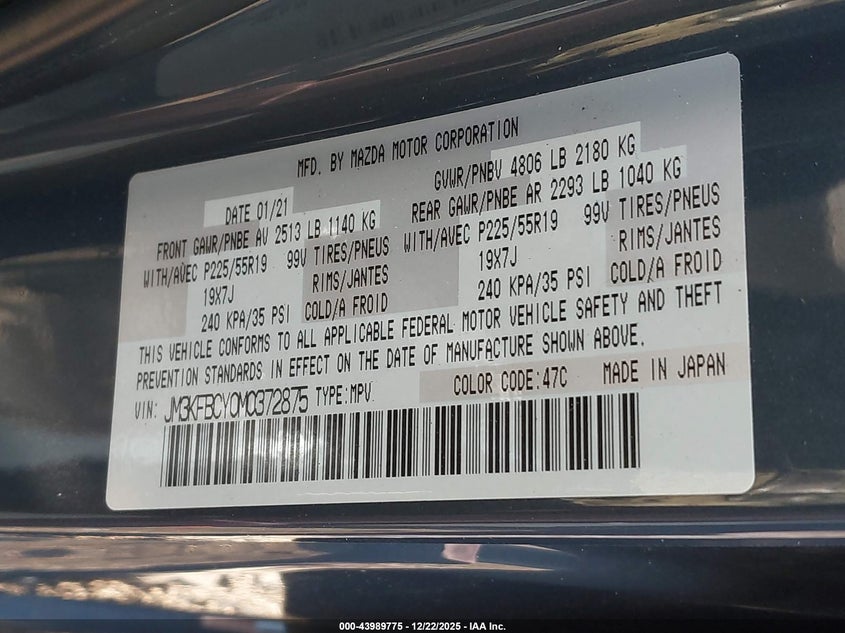 2021 Mazda Cx-5 Carbon Edition Turbo VIN: JM3KFBCY0M0372875 Lot: 43989775