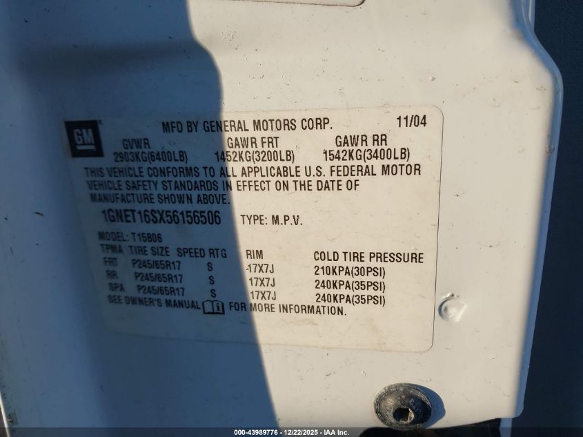 2005 Chevrolet Trailblazer Ext Ls VIN: 1GNET16SX56156506 Lot: 43989776