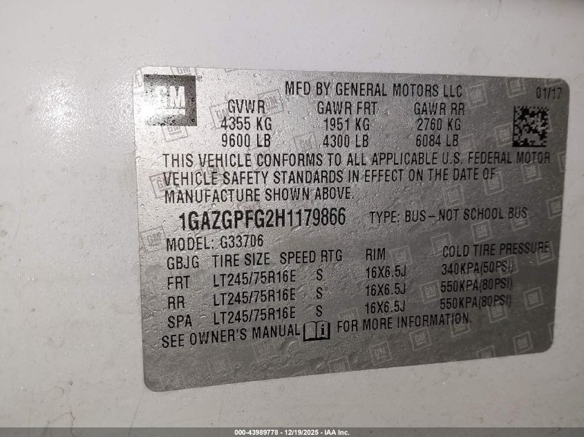 2017 Chevrolet Express 3500 Lt VIN: 1GAZGPFG2H1179866 Lot: 43989778