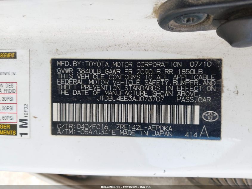 2010 Toyota Corolla Le VIN: JTDBU4EE3AJ073707 Lot: 43989782