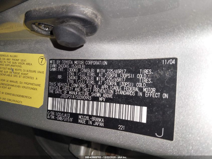 2005 Toyota Highlander Limited V6 VIN: JTEEP21A150090993 Lot: 43989783