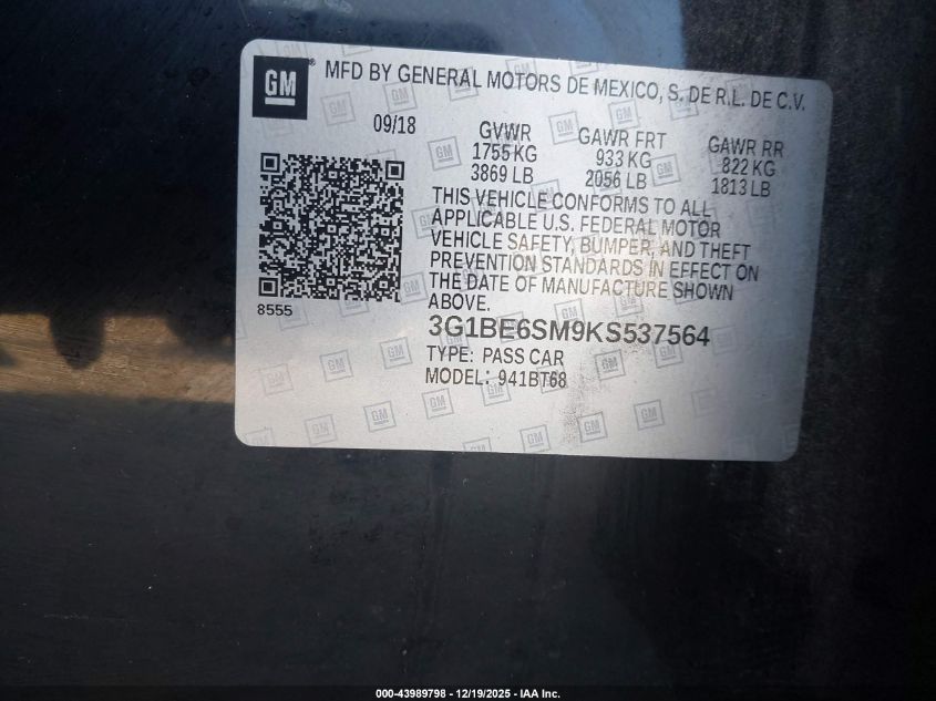 2019 Chevrolet Cruze Lt VIN: 3G1BE6SM9KS537564 Lot: 43989798