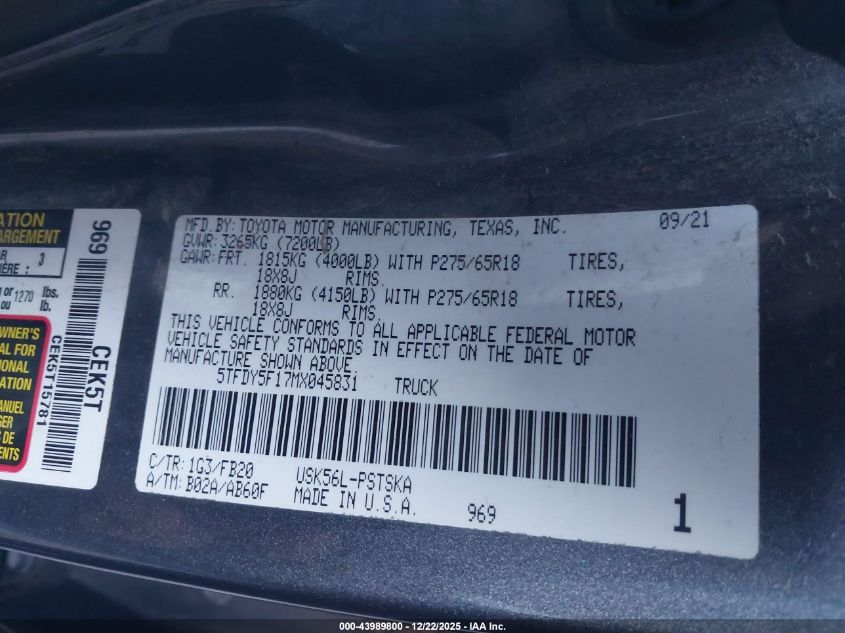 2021 Toyota Tundra Sr5 VIN: 5TFDY5F17MX045831 Lot: 43989800
