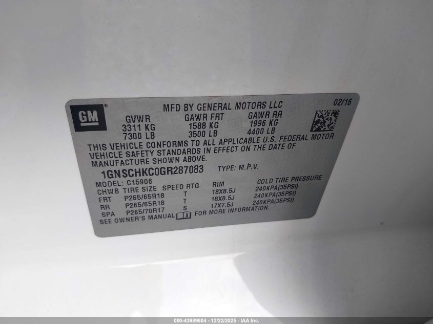 2016 Chevrolet Suburban Lt VIN: 1GNSCHKC0GR287083 Lot: 43989804