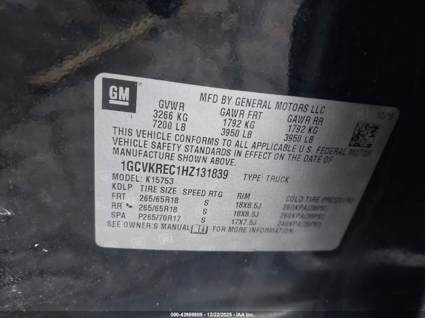 2017 Chevrolet Silverado 1500 2Lt VIN: 1GCVKREC1HZ131839 Lot: 43989809