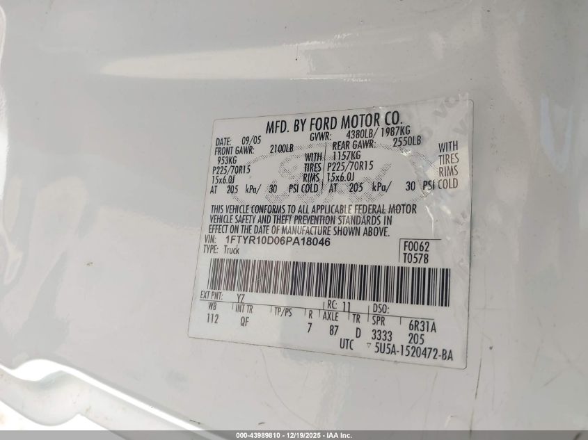 2006 Ford Ranger Xl/Xlt VIN: 1FTYR10D06PA18046 Lot: 43989810