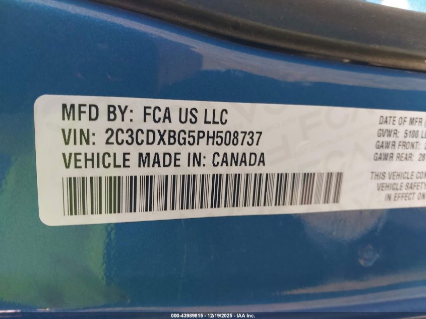 2023 Dodge Charger Sxt VIN: 2C3CDXBG5PH508737 Lot: 43989815