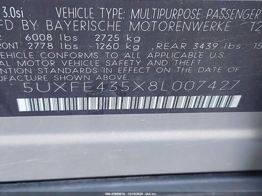 2008 BMW X5 3.0Si VIN: 5UXFE435X8L007427 Lot: 43989816