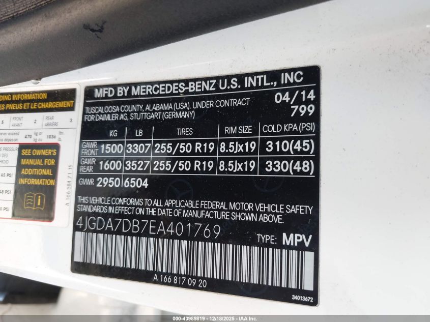 2014 Mercedes-Benz Ml 550 4Matic VIN: 4JGDA7DB7EA401769 Lot: 43989819