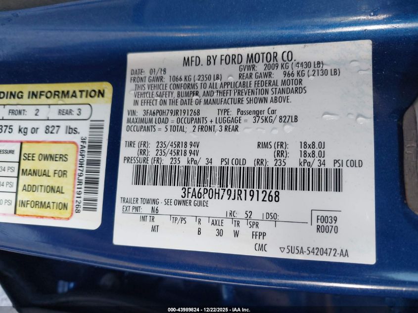 2018 Ford Fusion Se VIN: 3FA6P0H79JR191268 Lot: 43989824