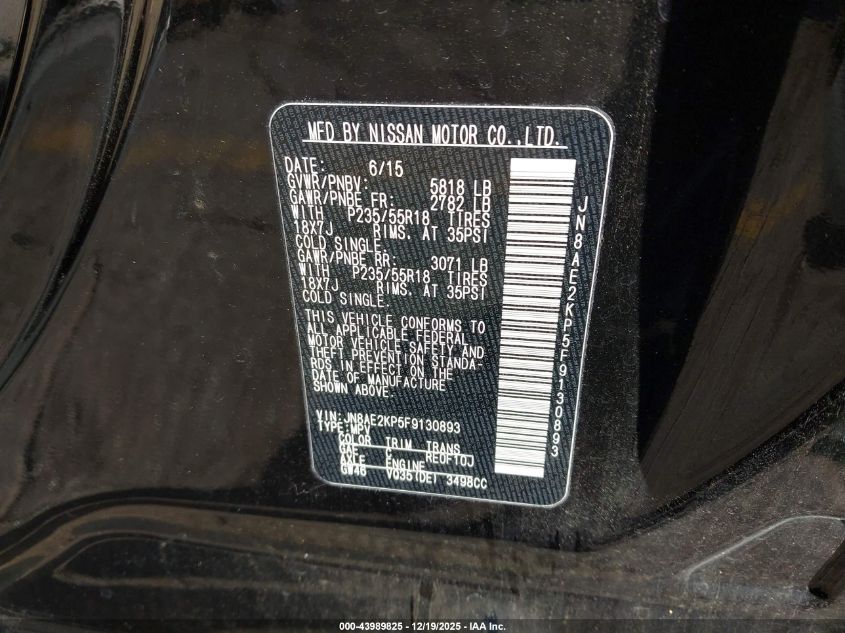 2015 Nissan Quest Platinum/S/Sl/Sv VIN: JN8AE2KP5F9130893 Lot: 43989825