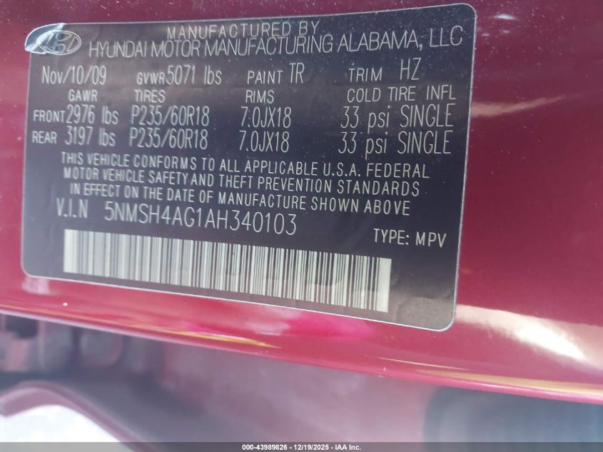 2010 Hyundai Santa Fe Se VIN: 5NMSH4AG1AH340103 Lot: 43989826