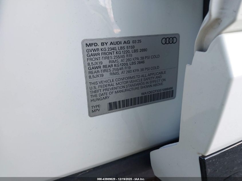 2025 Audi Q3 Premium 45 Tfsi S Line Quattro Tiptronic VIN: WA1DECF33S1068466 Lot: 43989829