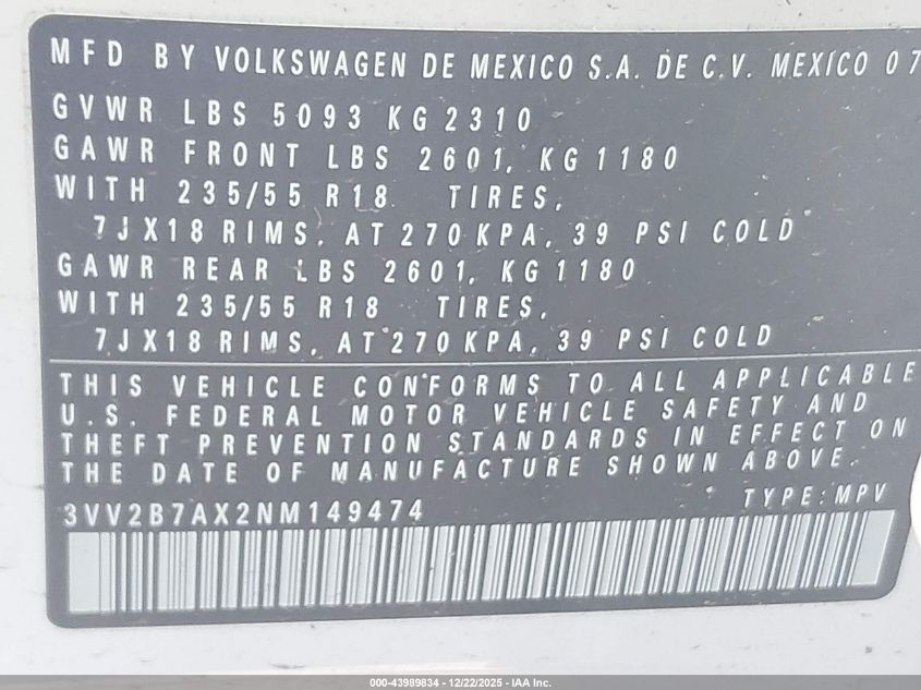 2022 Volkswagen Tiguan 2.0T Se VIN: 3VV2B7AX2NM149474 Lot: 43989834