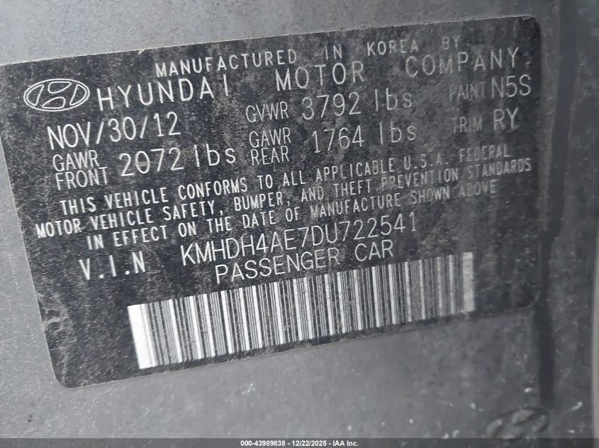 2013 Hyundai Elantra Limited VIN: KMHDH4AE7DU722541 Lot: 43989838