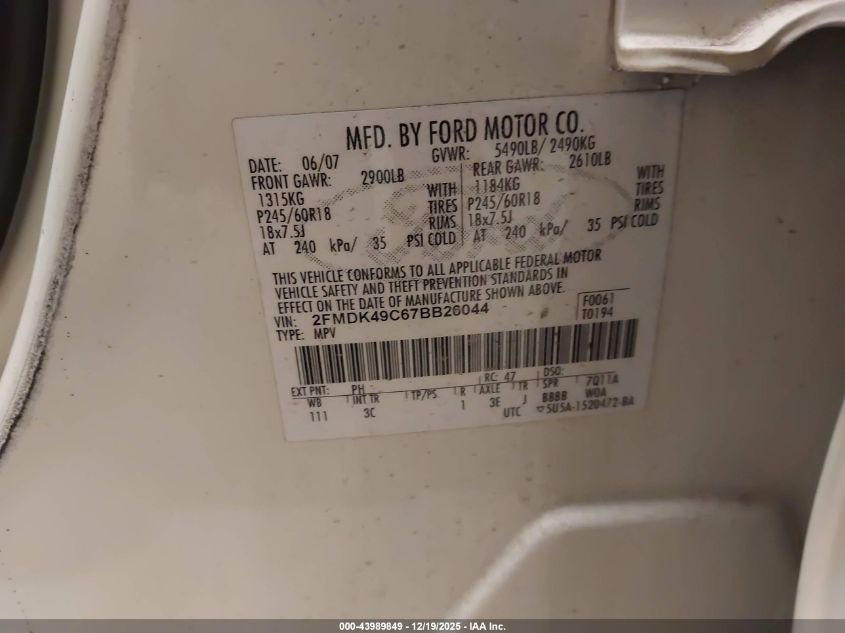 2007 Ford Edge Sel Plus VIN: 2FMDK49C67BB26044 Lot: 43989849