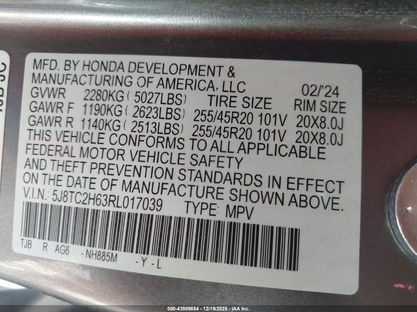 2024 Acura Rdx A-Spec Package VIN: 5J8TC2H63RL017039 Lot: 43989854