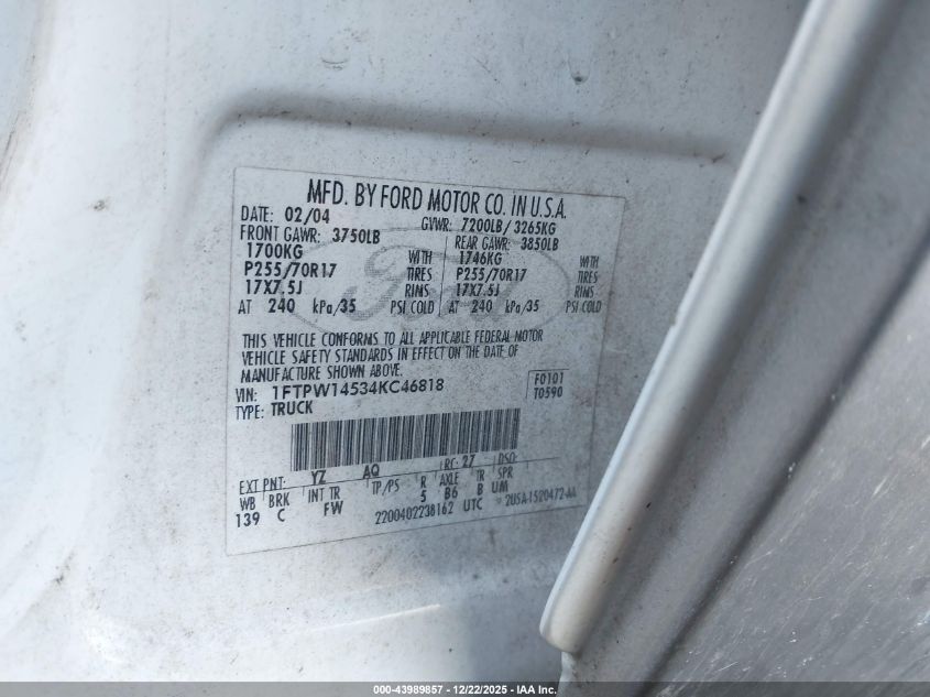 2004 Ford F-150 Fx4/Lariat/Xlt VIN: 1FTPW14534KC46818 Lot: 43989857