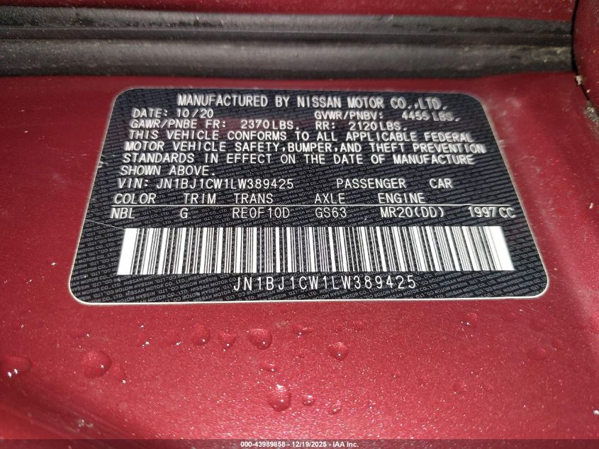 2020 Nissan Rogue Sport S Awd Xtronic Cvt VIN: JN1BJ1CW1LW389425 Lot: 43989858