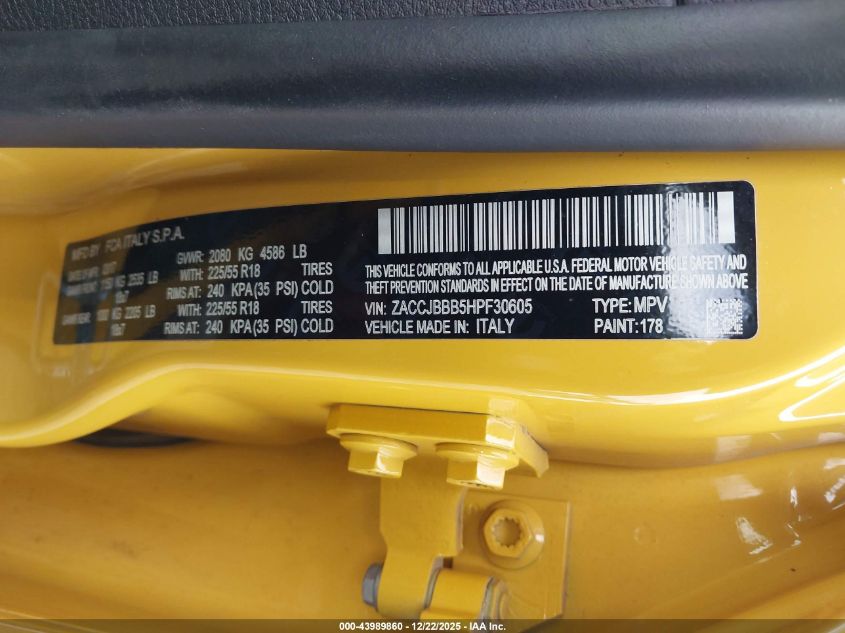 2017 Jeep Renegade Latitude 4X4 VIN: ZACCJBBB5HPF30605 Lot: 43989860