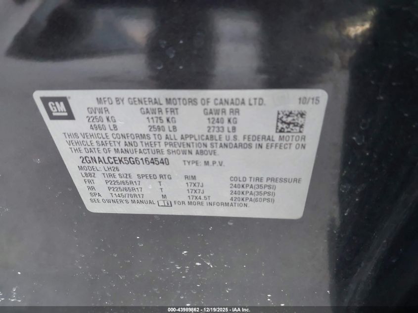 2016 Chevrolet Equinox Lt VIN: 2GNALCEK5G6164540 Lot: 43989862