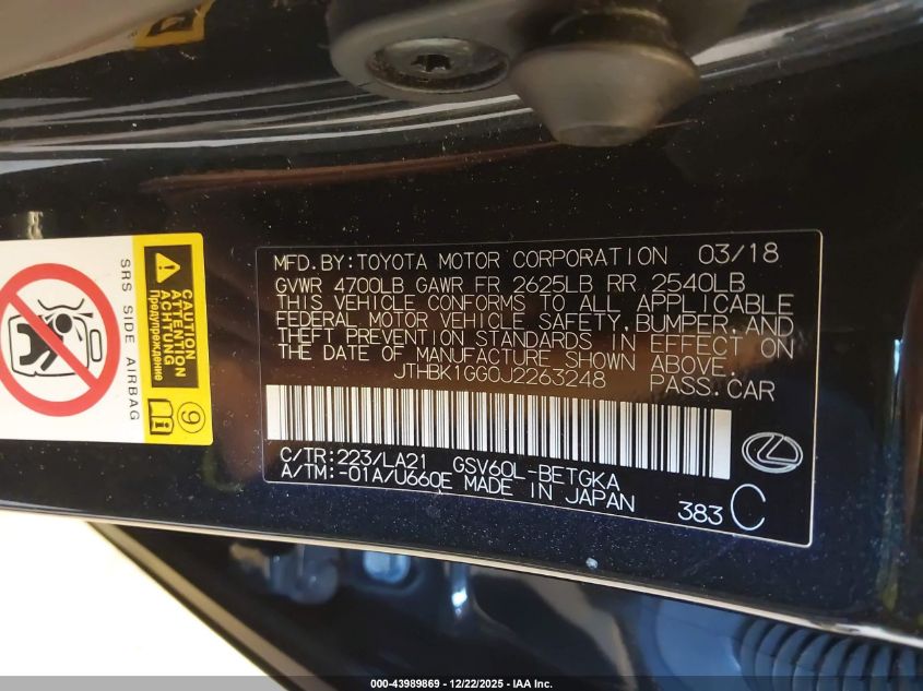 2018 Lexus Es 350 VIN: JTHBK1GG0J2263248 Lot: 43989869