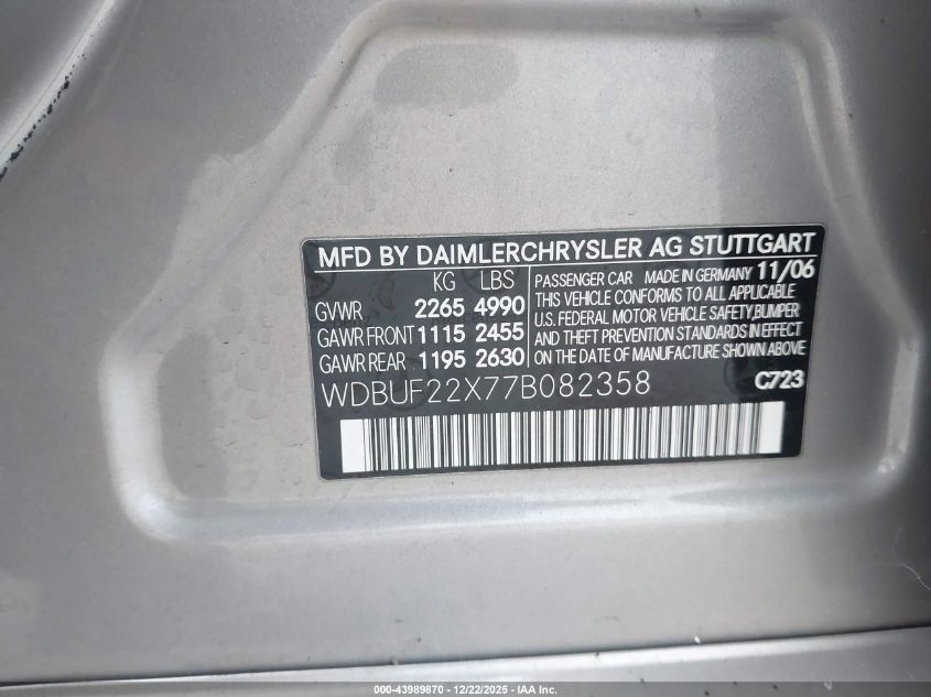 2007 Mercedes-Benz E 320 Bluetec VIN: WDBUF22X77B082358 Lot: 43989870