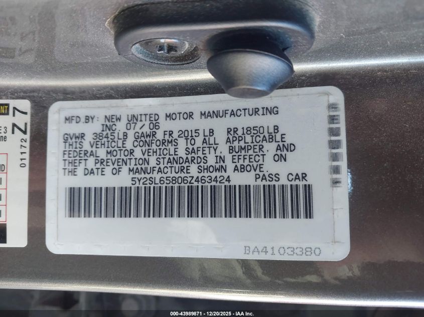 2006 Pontiac Vibe VIN: 5Y2SL65806Z463424 Lot: 43989871