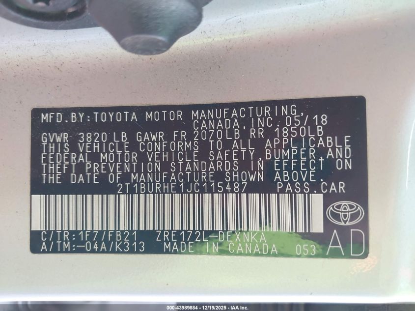 2018 Toyota Corolla Le VIN: 2T1BURHE1JC115487 Lot: 43989884