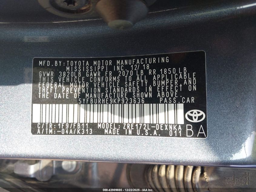 2019 Toyota Corolla Le VIN: 5YFBURHE9KP923636 Lot: 43989885