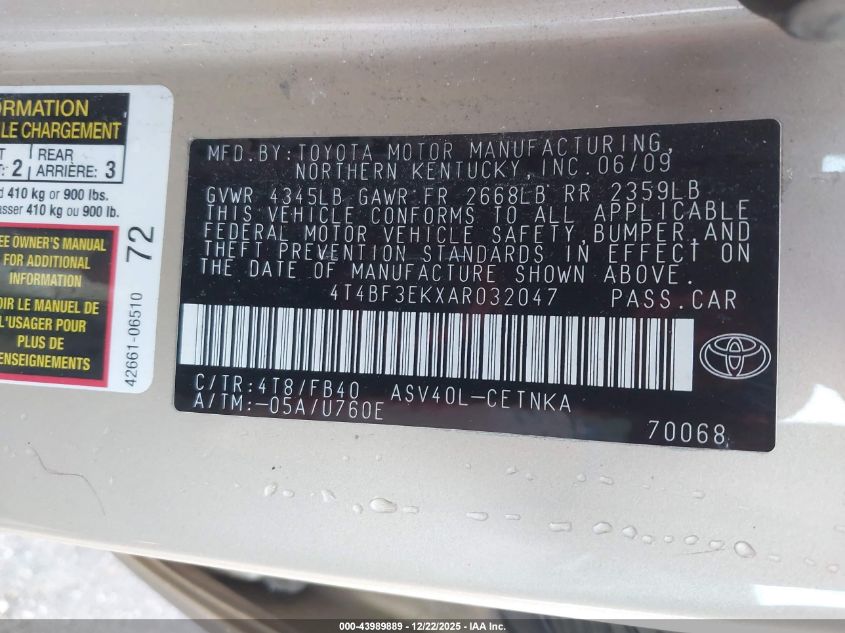 2010 Toyota Camry Le VIN: 4T4BF3EKXAR032047 Lot: 43989889