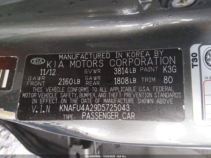 2013 Kia Forte Ex VIN: KNAFU4A29D5725043 Lot: 43989890