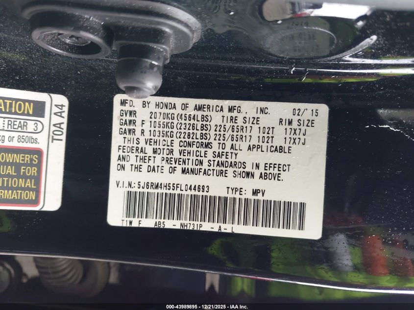 2015 Honda Cr-V Ex VIN: 5J6RM4H55FL044693 Lot: 43989895