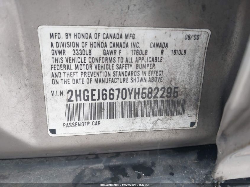 2000 Honda Civic Lx VIN: 2HGEJ6670YH582295 Lot: 43989906
