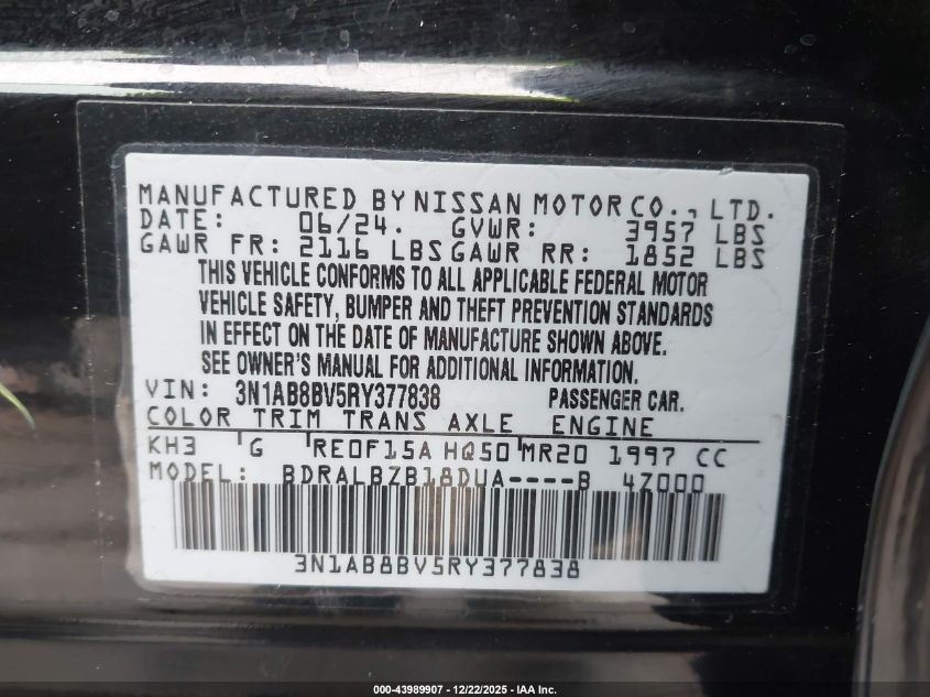 2024 Nissan Sentra S Xtronic Cvt VIN: 3N1AB8BV5RY377838 Lot: 43989907