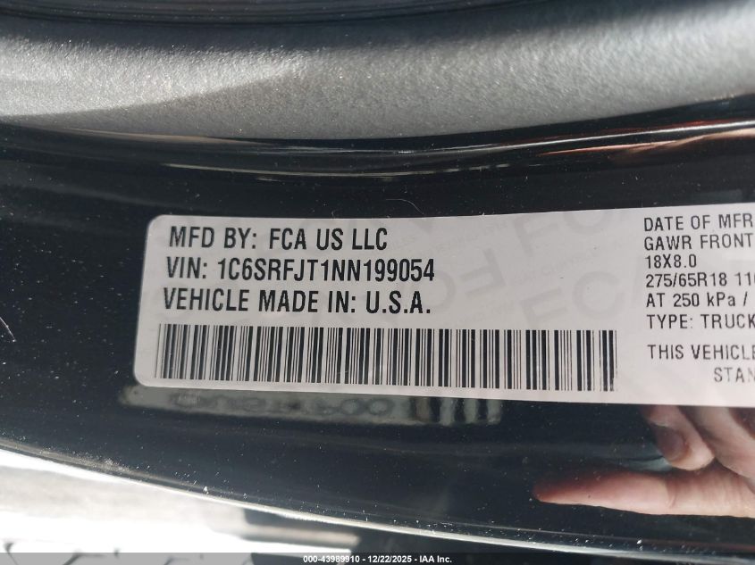 2022 Ram 1500 Laramie 4X4 5'7 Box VIN: 1C6SRFJT1NN199054 Lot: 43989910