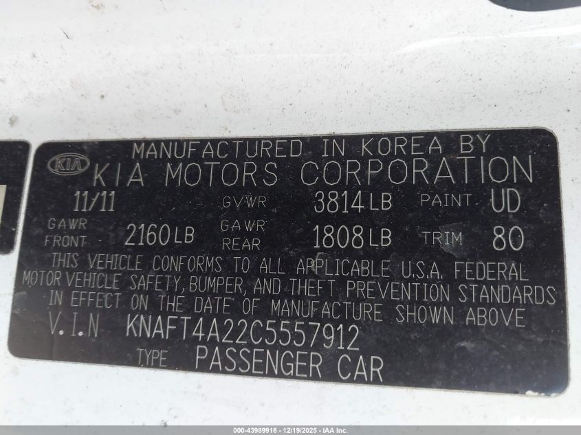 2012 Kia Forte Lx VIN: KNAFT4A22C5557912 Lot: 43989916