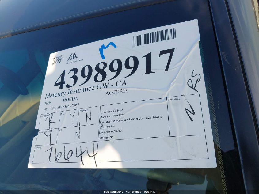 2006 Honda Accord 3.0 Ex VIN: 1HGCM66536A075853 Lot: 43989917