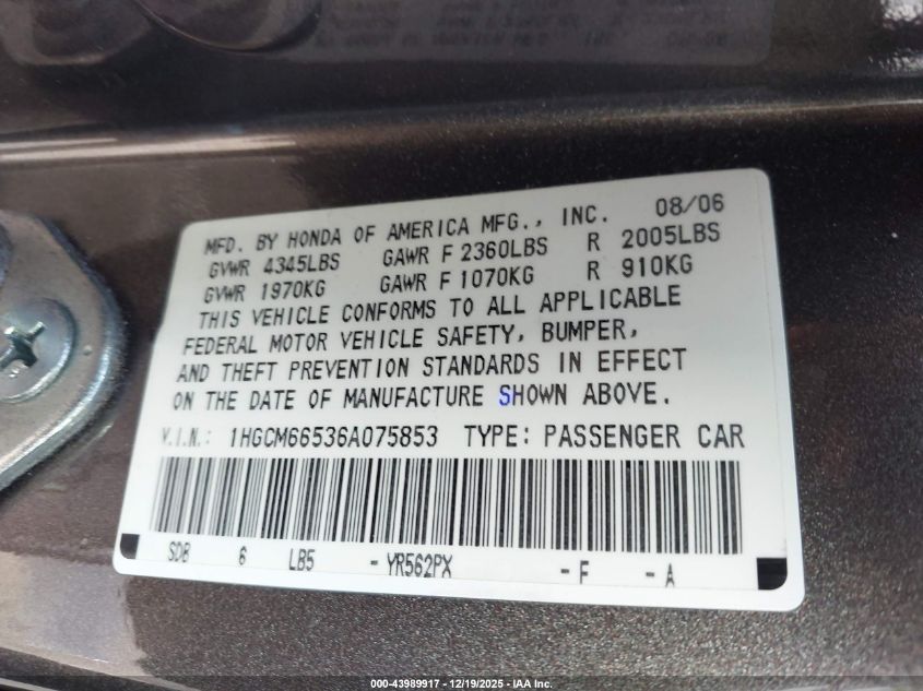 2006 Honda Accord 3.0 Ex VIN: 1HGCM66536A075853 Lot: 43989917