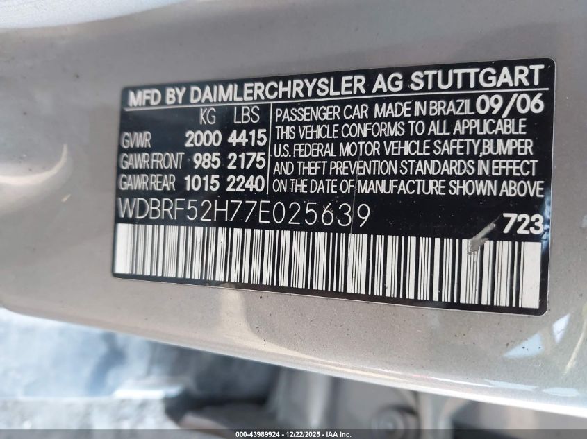 2007 Mercedes-Benz C 230 Sport VIN: WDBRF52H77E025639 Lot: 43989924