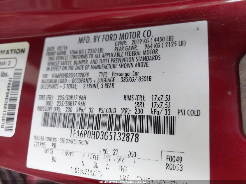 2016 Ford Fusion Se VIN: 1FA6P0HD3G5132878 Lot: 43989931