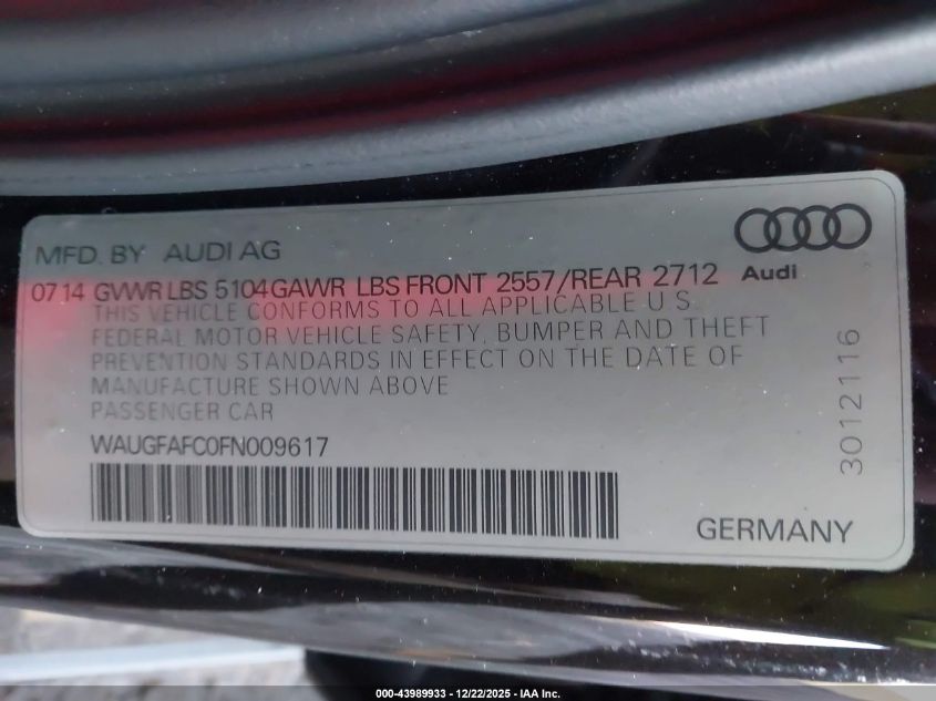 2015 Audi A6 2.0T Premium VIN: WAUGFAFC0FN009617 Lot: 43989933