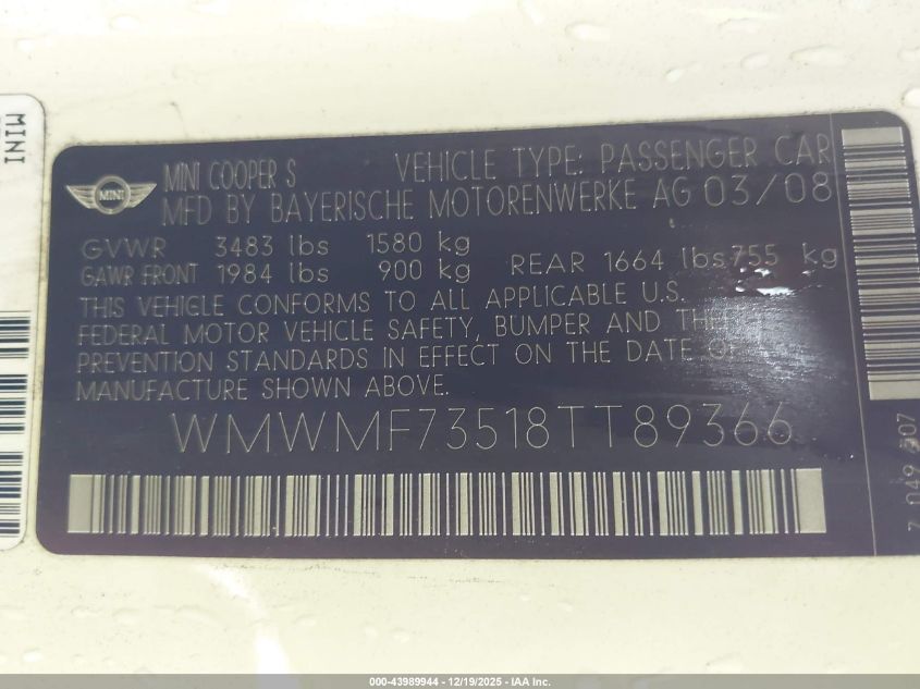 2008 Mini Cooper S VIN: WMWMF73518TT89366 Lot: 43989944