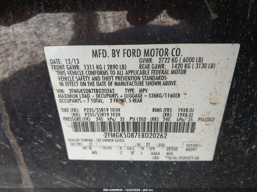 2014 Ford Flex Limited VIN: 2FMGK5D87EBD20262 Lot: 43989949