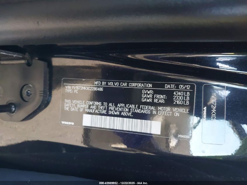 2012 Volvo C30 T5/T5 Platinum/T5 Premier Plus/T5 R-Design/T5 R-Design Platinum/T5 R-Design Premier Plus VIN: YV1672MKXC2286486 Lot: 43989952